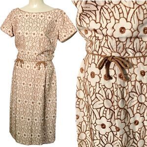 Vintage Parade  Flower Embroidered Faux Tie Waist Short Sleeve Sheath Midi Dress
